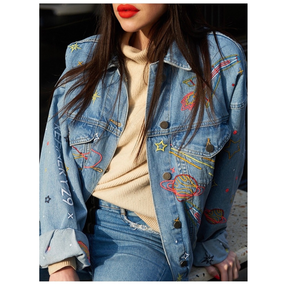ASOS x Refinery29 Space Embroidered Denim Jacket Light‎ Wash Rocket Star XS